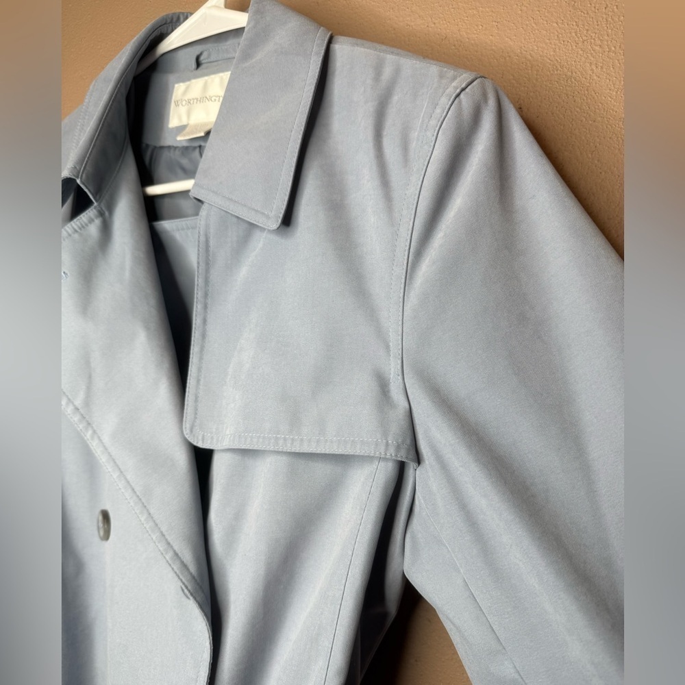 Vtg Worthington Dusty Blue Trench Coat Size Small Petite Belted Double Breasted - Picture 15 of 15